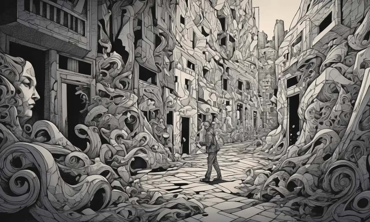 La oscura composición mezcla sombras y texturas que reflejan tristeza y caos