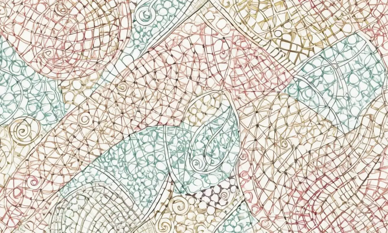 Un hilo delicado se enreda entre telas, creando patrones intrincados y contrastes de texturas