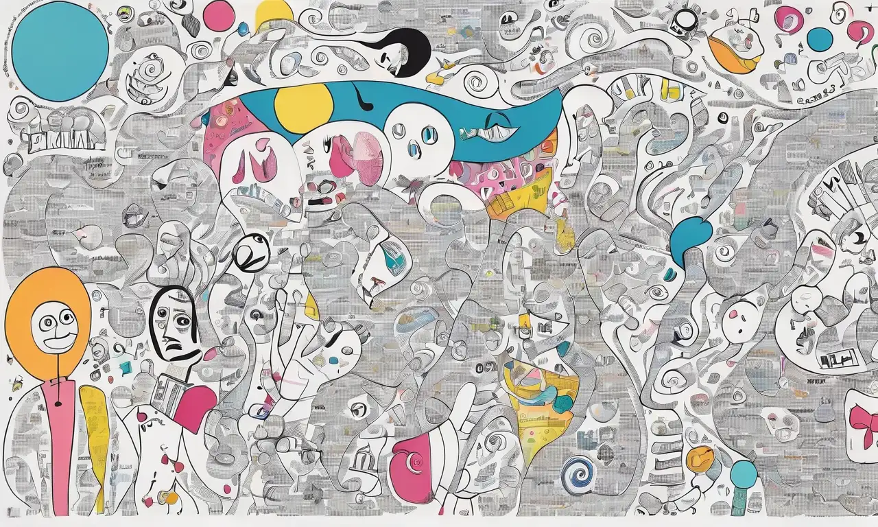 Una imagen contrastante con colores vibrantes, texto caótico y claro, figuras superpuestas y elementos juguetones que representan malentendidos y emociones