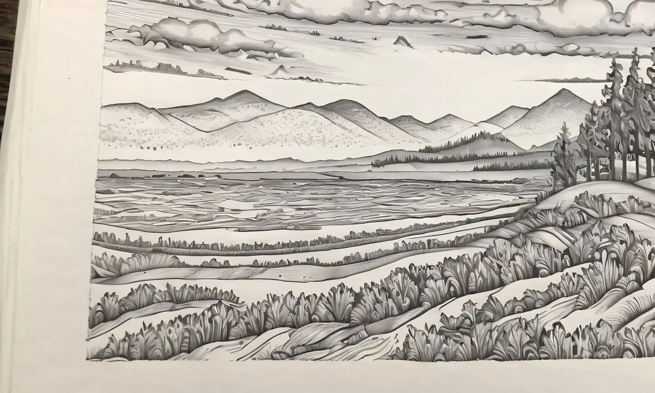 Un paisaje detallado de libros abiertos con una pluma al lado y texto flotante, todo en armonía
