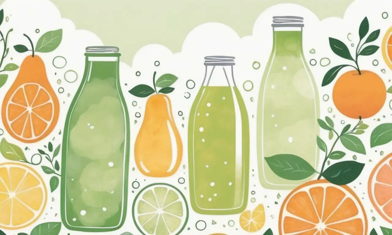 Colores pastel suaves y alegres en una composición armoniosa de frutas y botellas de jugo en un cálido entorno de cocina