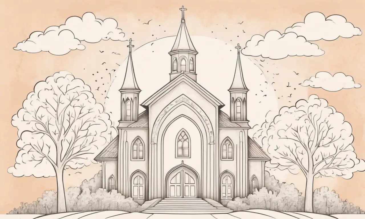Un dibujo detallado de una iglesia transmite esperanza a través de sombras cálidas, motivos de cruz y un entorno sereno