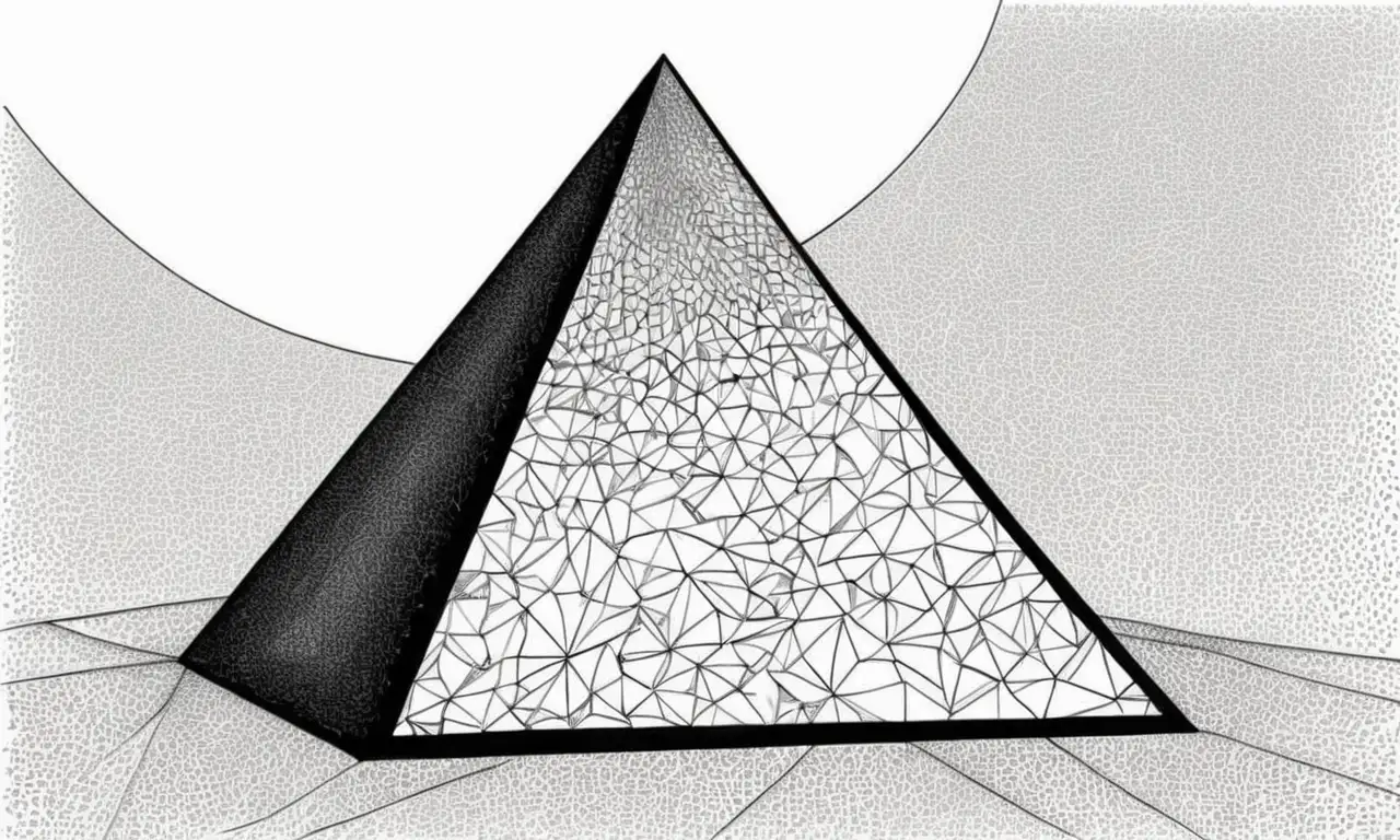 Una figura triangular central con líneas agudas, sombras profundas, y contrastes dramáticos crea una composición equilibrada y compleja