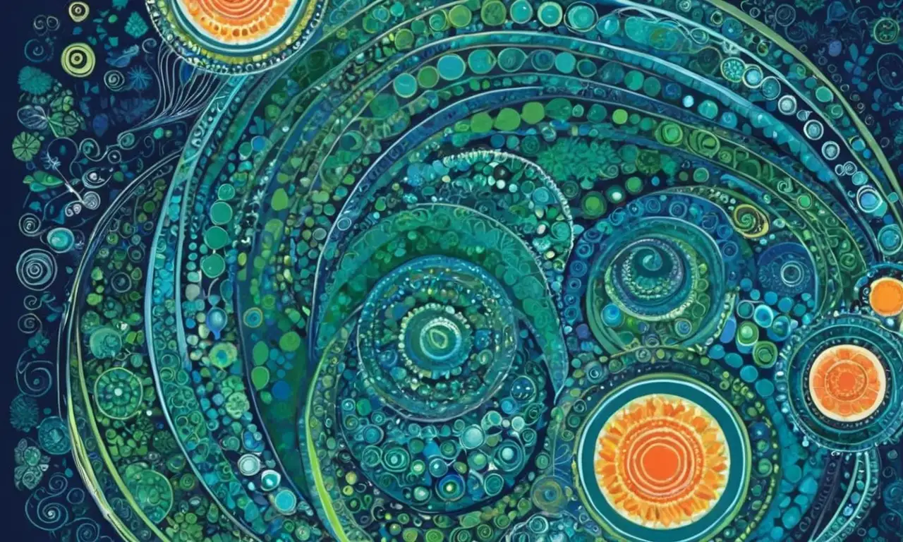 Colores vibrantes y formas orgánicas se entrelazan en una composición dinámica y detallada
