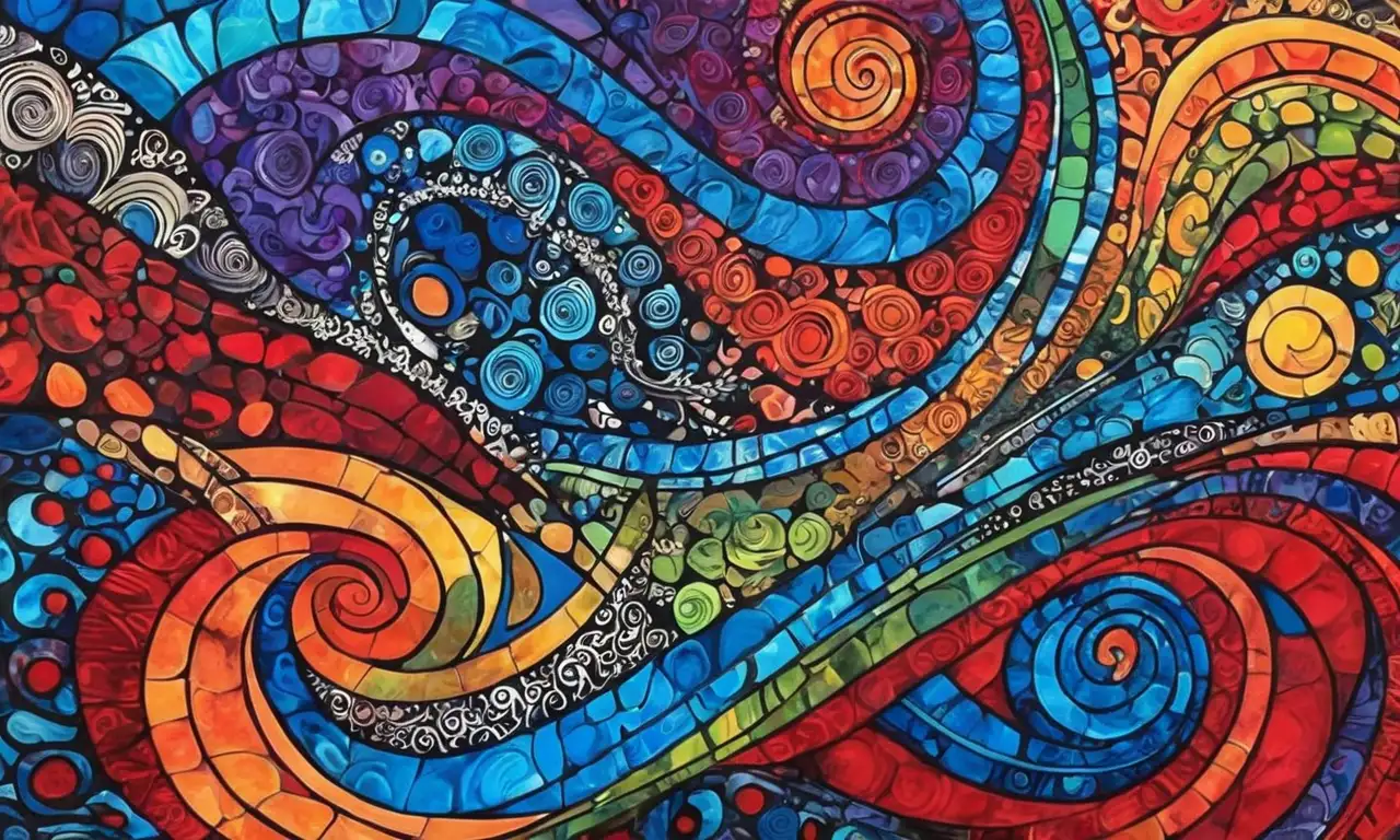 Colores vibrantes y patrones abstractos evocan emociones musicales en una composición dinámica