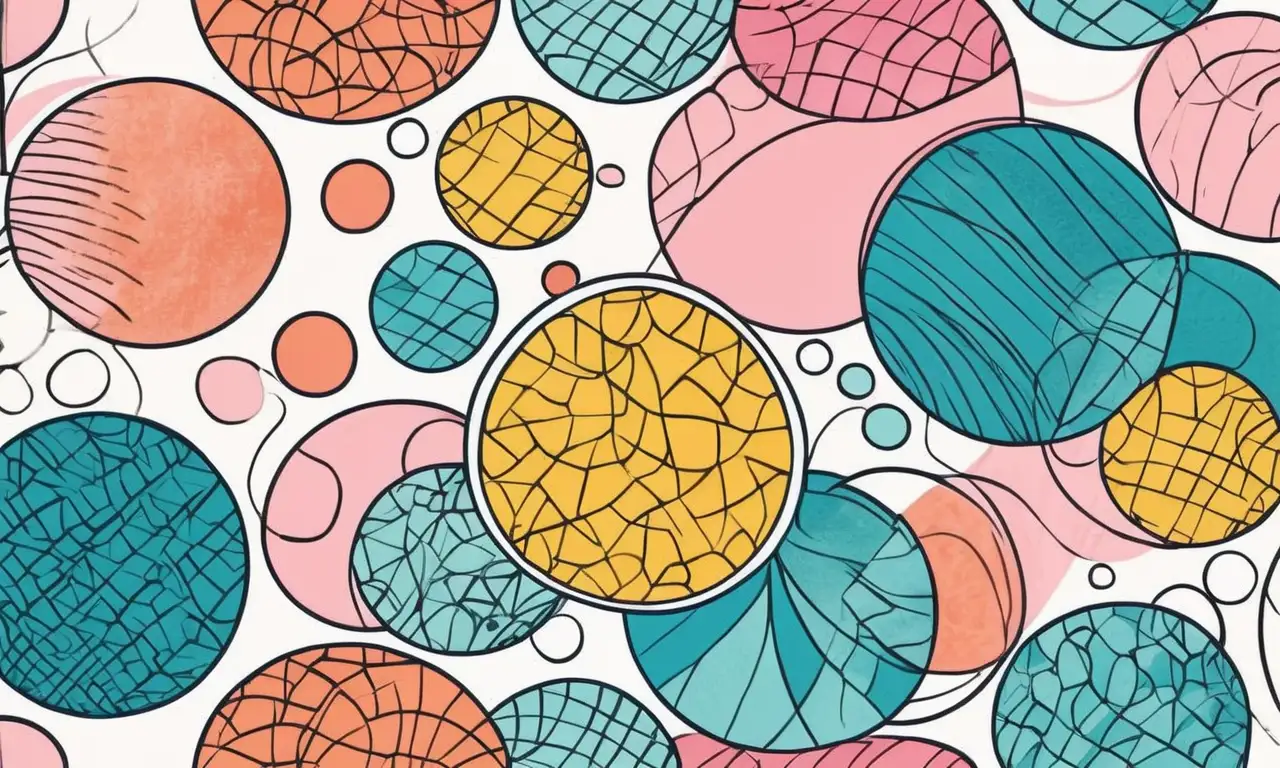 Diseño con formas circulares, líneas suaves, bordes definidos y contrastes vibrantes