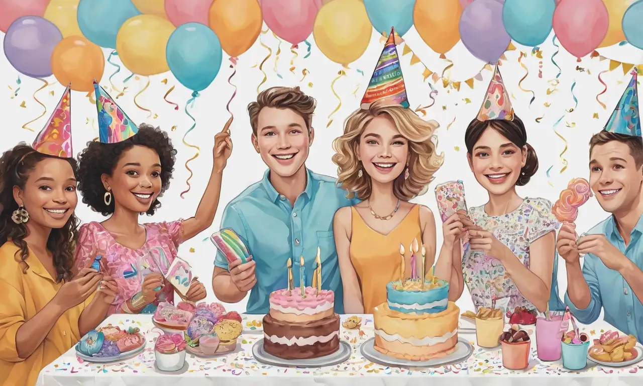 Una celebración festiva llena de globos, colores vibrantes, y personas alegres