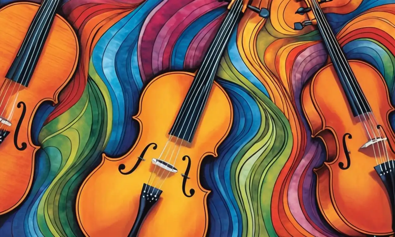 Líneas intrincadas y tonos cálidos y fríos dan vida a la belleza y movimiento de los instrumentos de cuerda