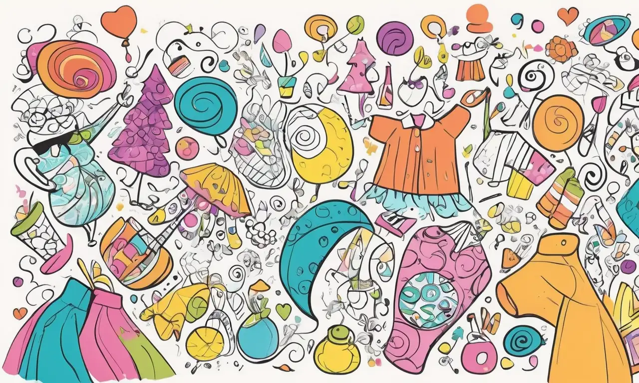 Una escena vibrante y juguetona llena de color, movimiento y expresiones divertidas