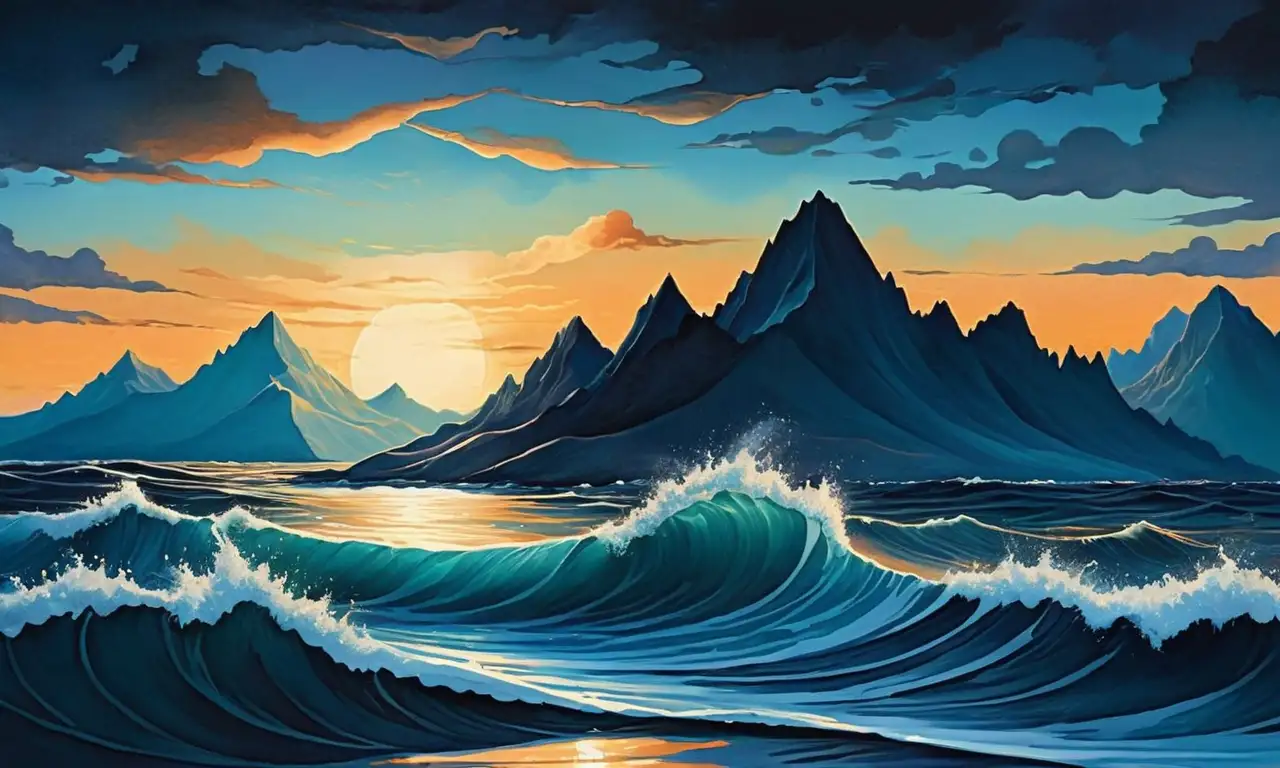 Olas suaves y turbulentas con contrastes de luz y sombras, reflejos etéreos y figuras sutiles en un paisaje onírico