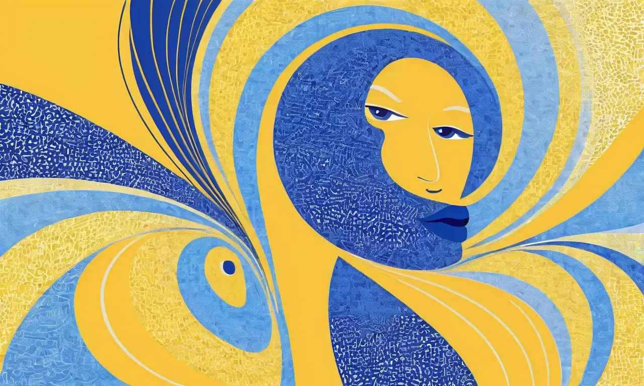 Un fondo vibrante con gradientes de azul y amarillo, una figura central practicando un discurso entre ondas sonoras visuales, y líneas que simbolizan energía y movimiento