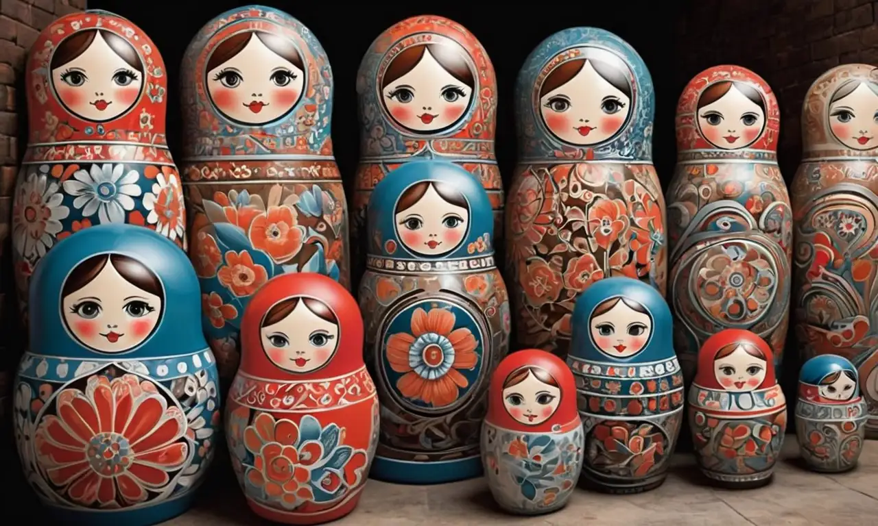 Dibujos de matryoshkas detalladas en un ambiente industrial nostálgico