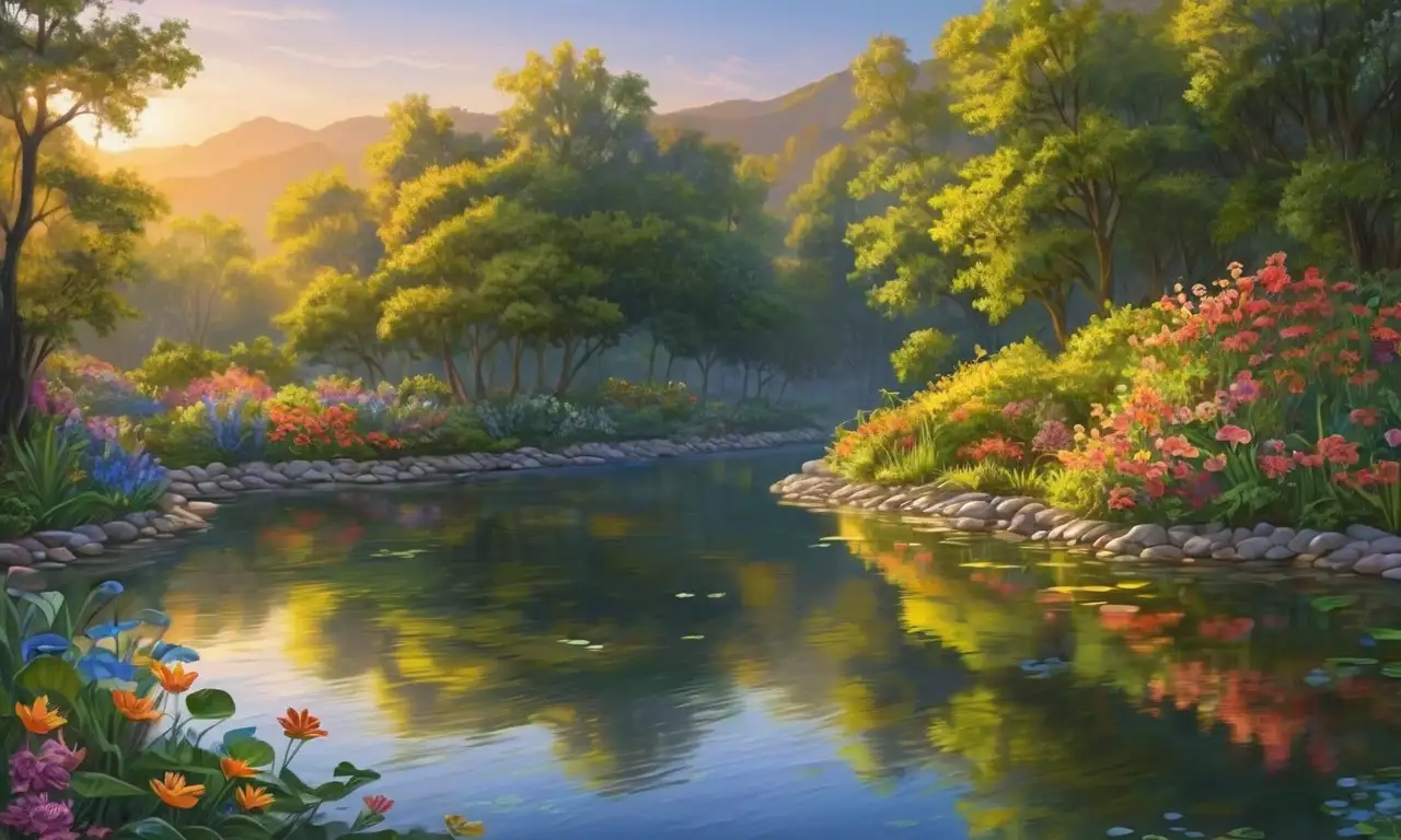Un sol radiante ilumina un río tranquilo rodeado de naturaleza, evocando paz y belleza