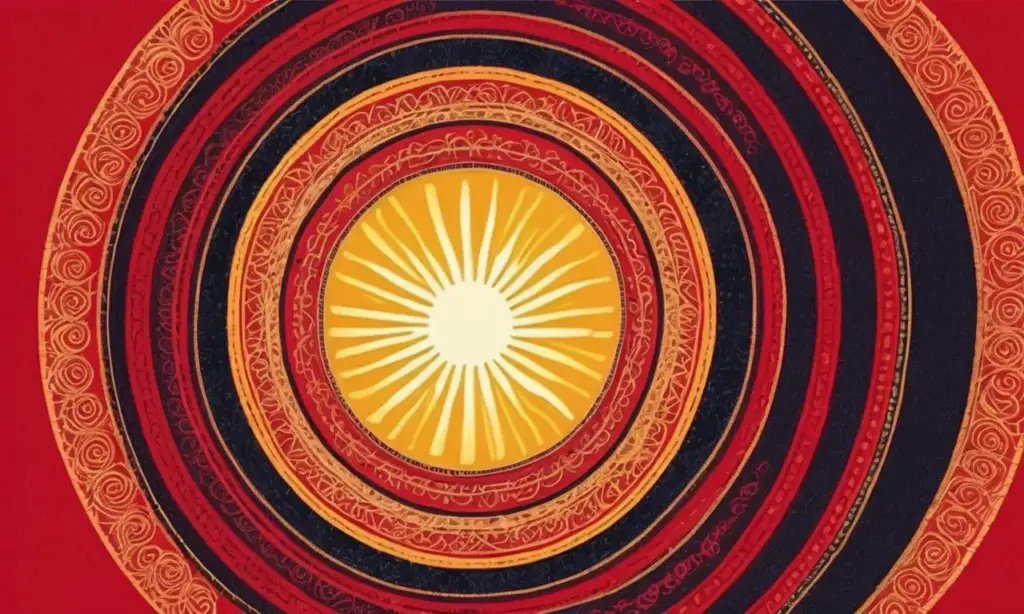 Fondo rojo con un sol amarillo vibrante y detalles intrincados que evocan fuerza y energía