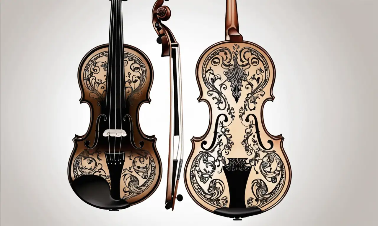 Un dibujo presenta violín y viola con contornos intrincados, tonos cálidos y detalles delicados que resaltan su armonía y técnica artesanal