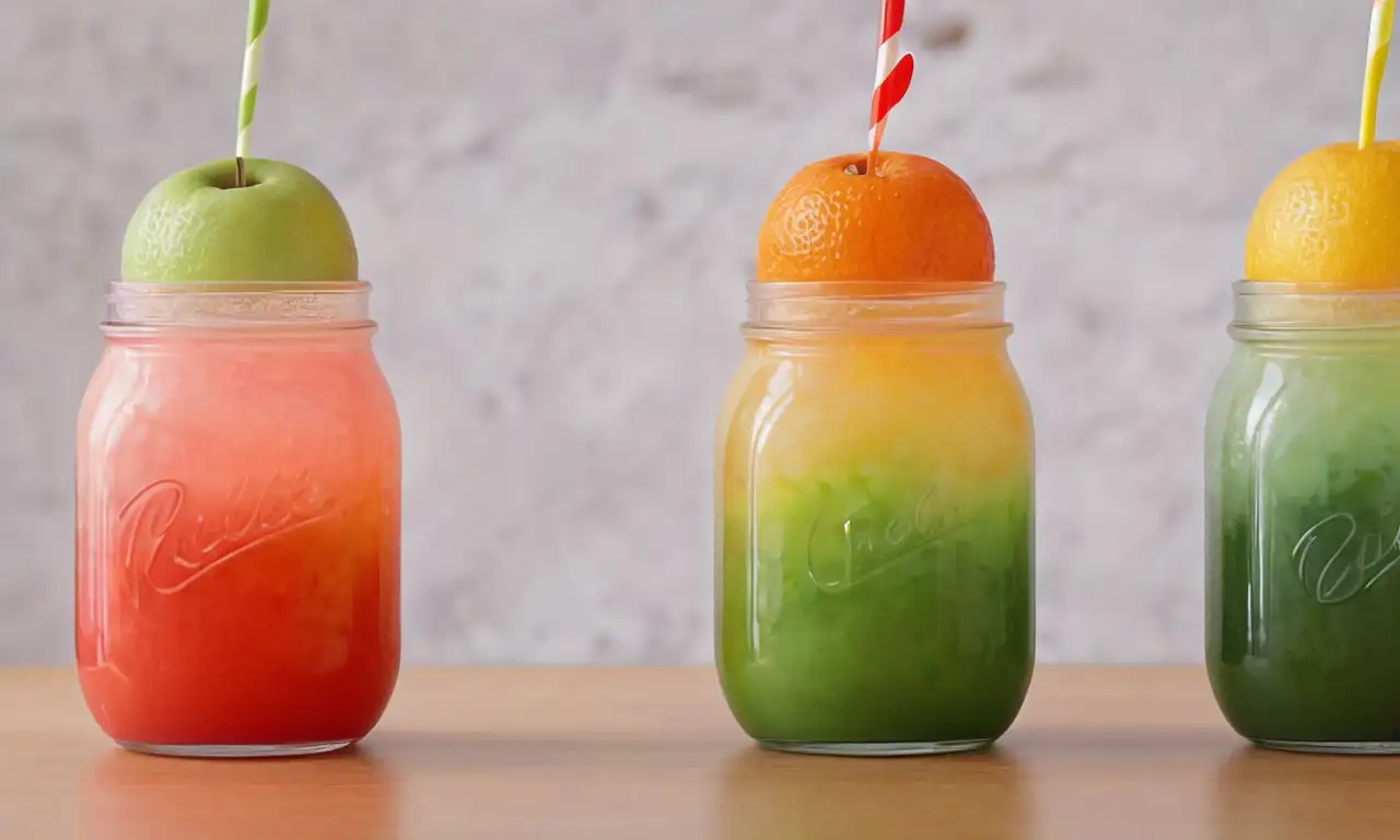 Colores vibrantes y suaves contornos de frutas y jugos en un ambiente cálido y juguetón