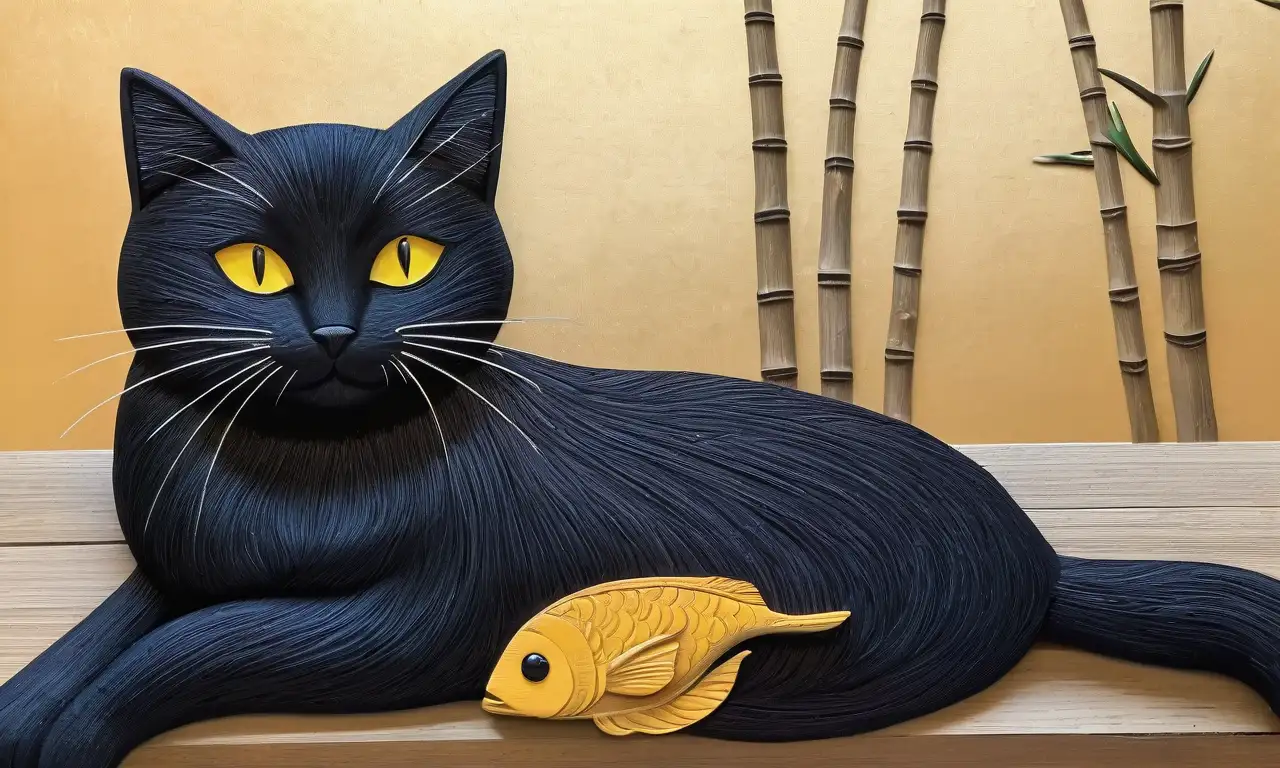 Un elegante gato negro con ojos amarillos brilla sobre una mesa de madera, rodeado de motivos orientales y un suave tejido de seda roja y dorada