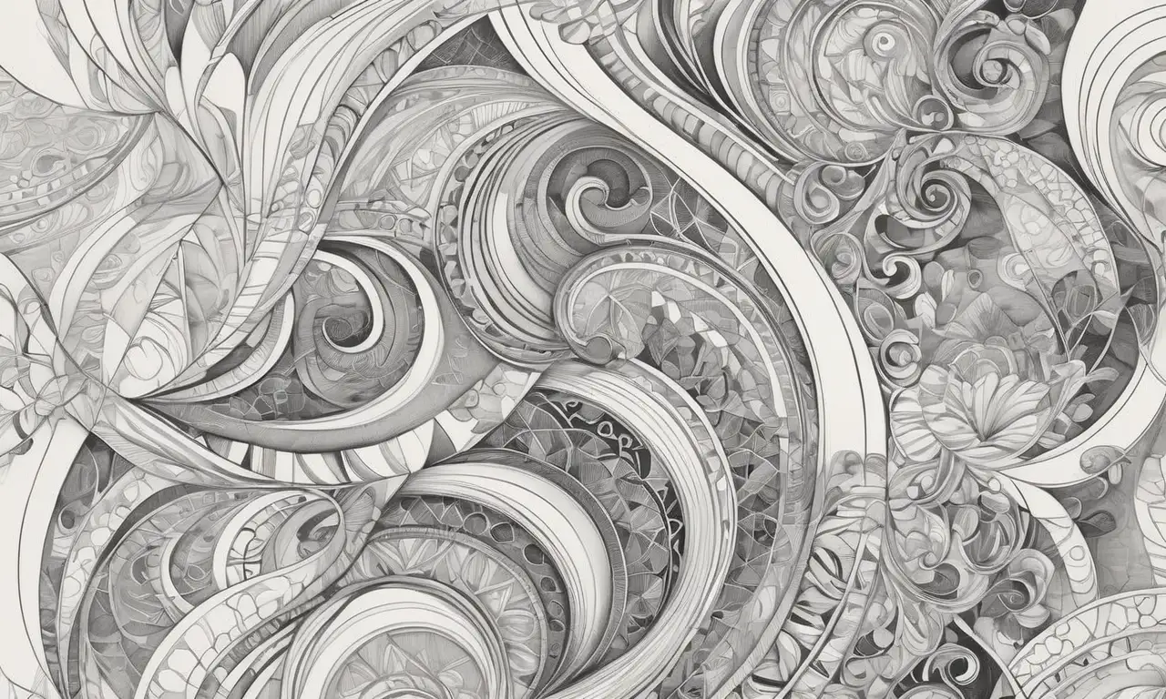 Dibujo complejo con contornos fuertes, sombras suaves y elementos en capas que sugieren movimiento y confusión