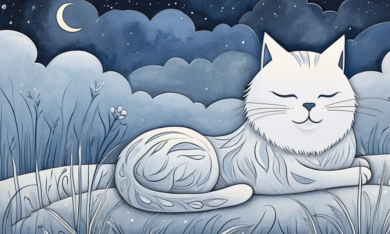 Una escena nocturna surrealista con un gato llorando bajo la luz de la luna, rodeado de niebla y con un ambiente melancólico
