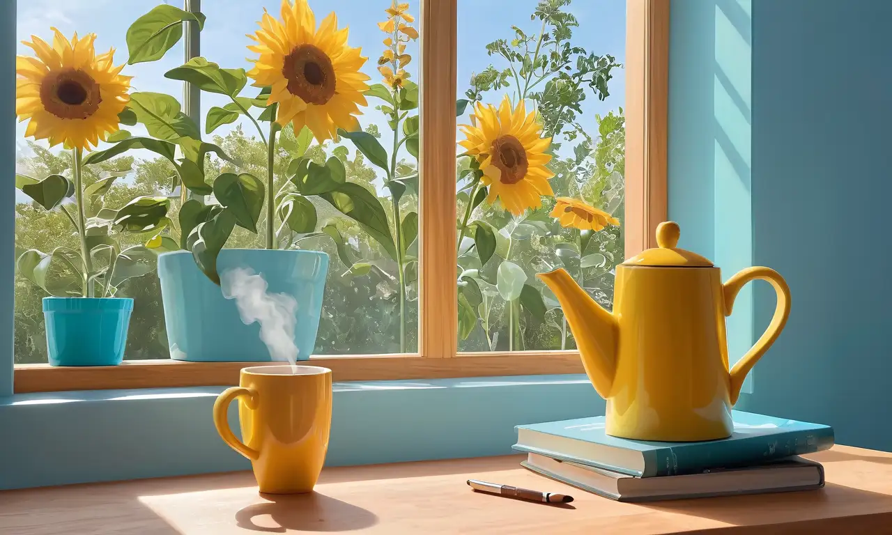 Un sole radiante ilumina una habitación acogedora con café, plantas verdes y un dibujo vibrante y motivacional