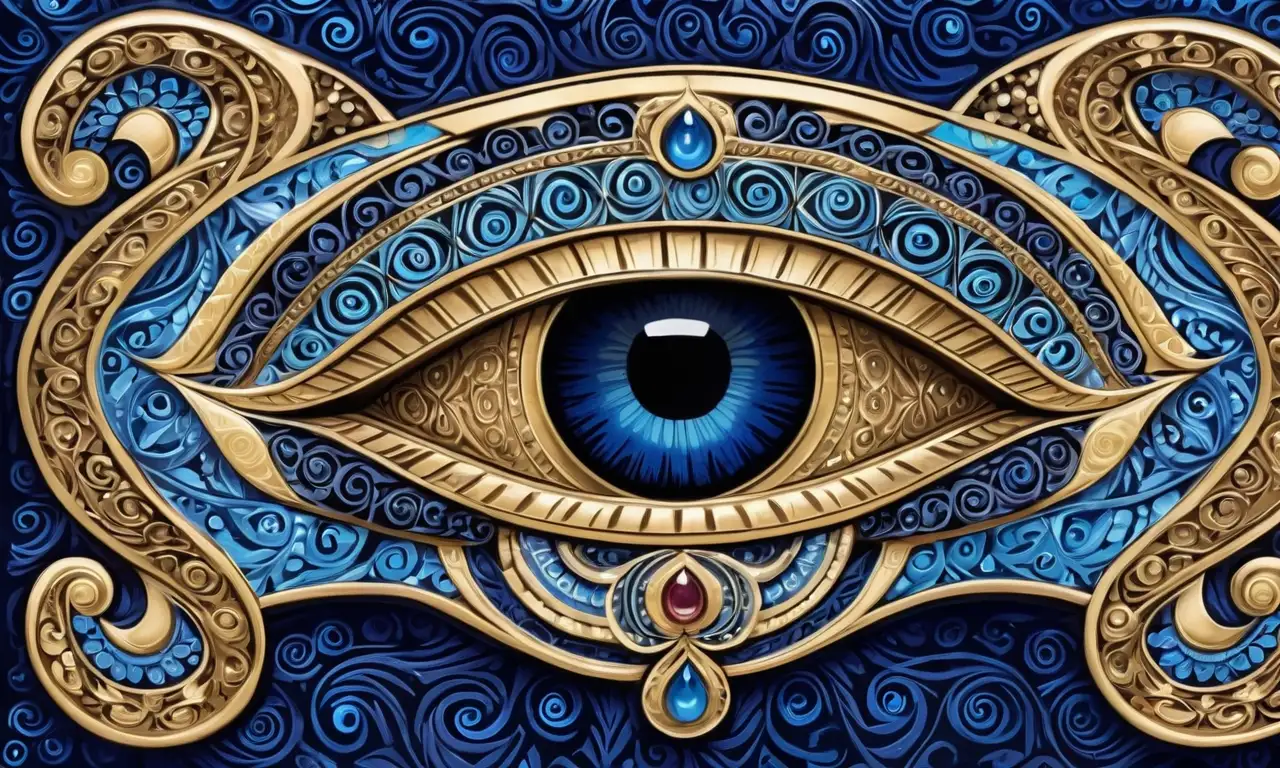 Diseño detallado de un amuleto con un ojo, tonos azules vibrantes y acentos dorados en un fondo texturizado