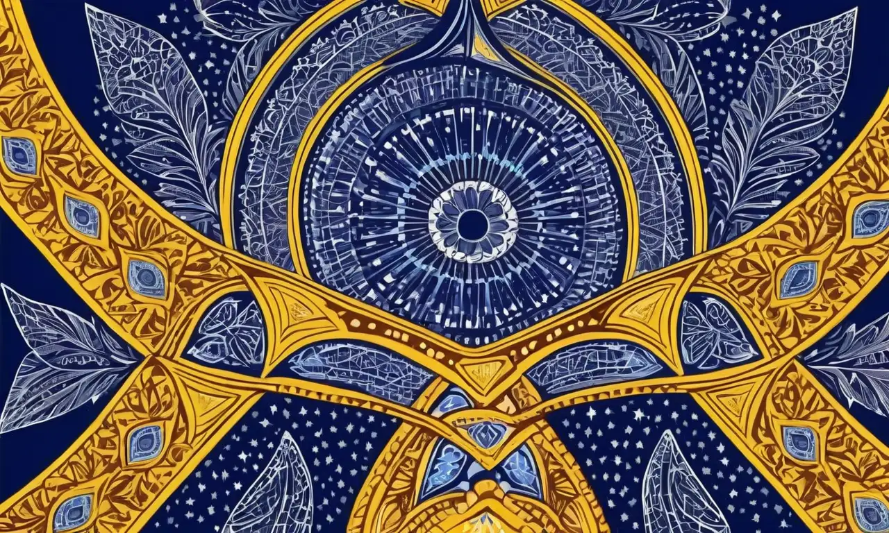Diseño intrincado con estrellas amarillas, fondo azul y colores ricos