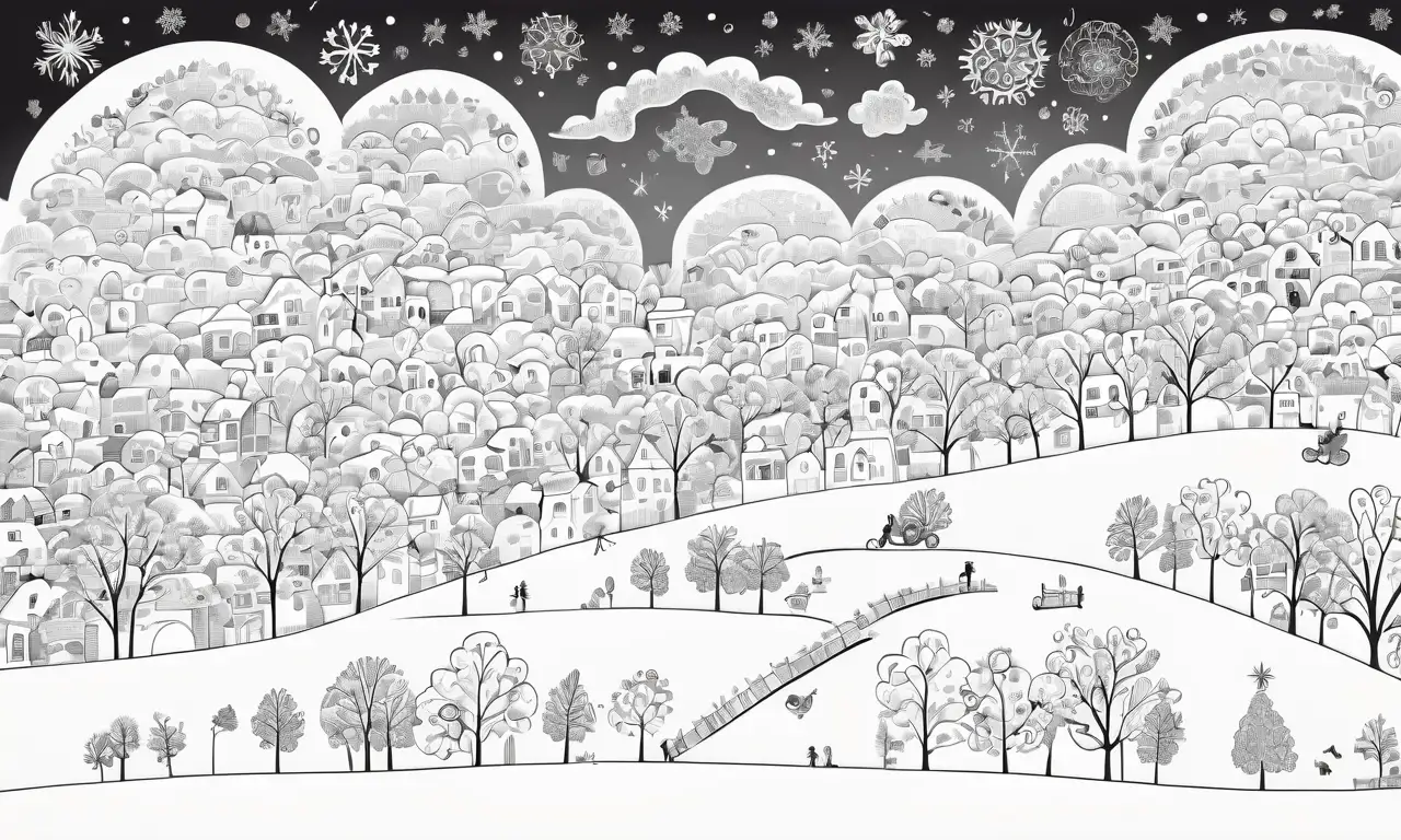 Una escena caprichosa con nubes juguetonas, copos de nieve y personajes confundidos en un paisaje nevado lleno de texturas y colores vibrantes