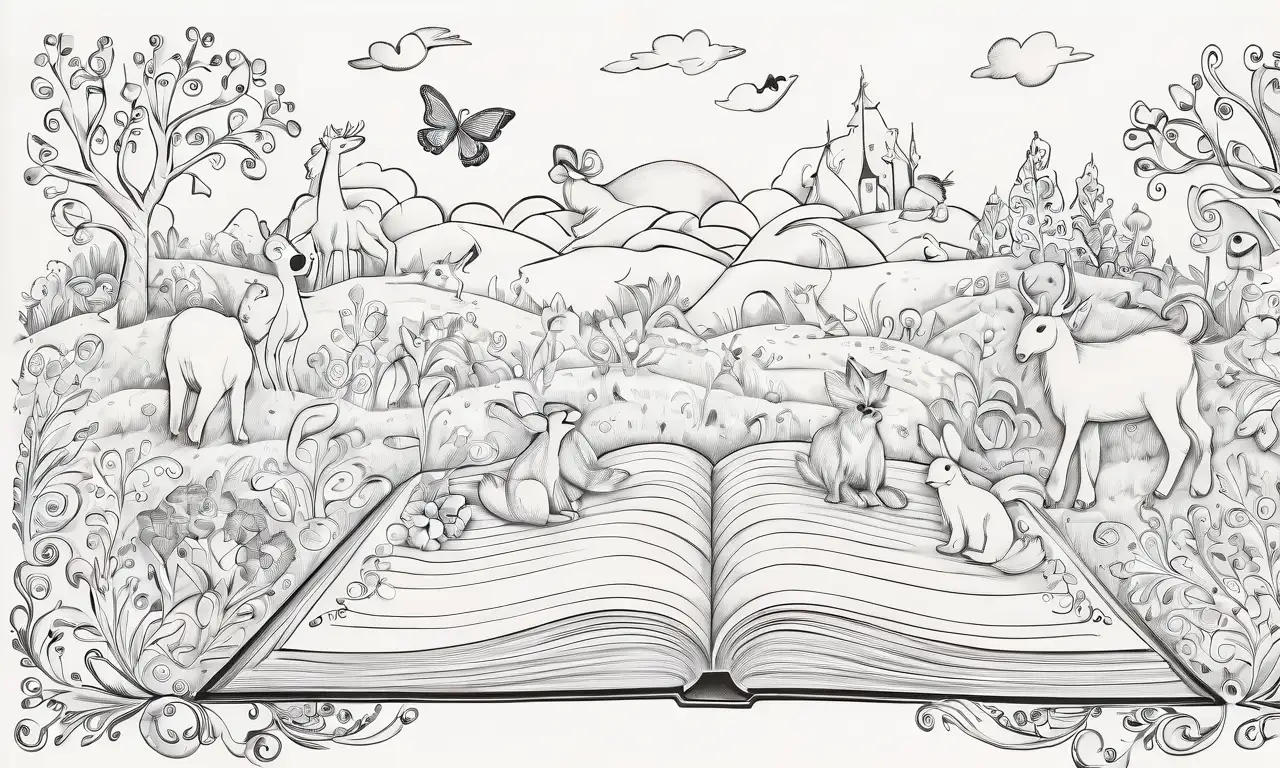 Un libro abierto en un fondo vibrante con ilustraciones delicadas y un toque de misterio