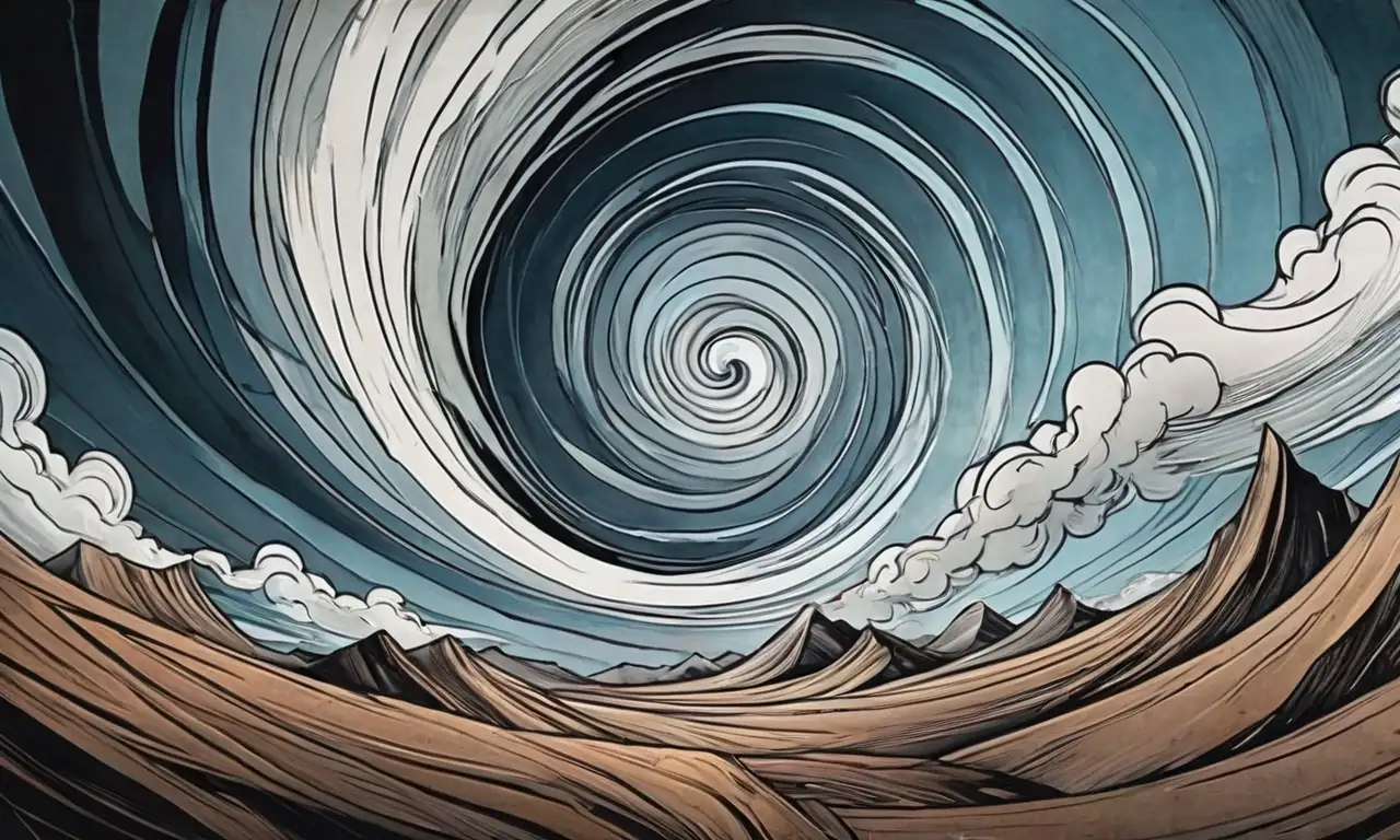 Un tornado central rodeado de texturas caóticas y contrastes dramáticos
