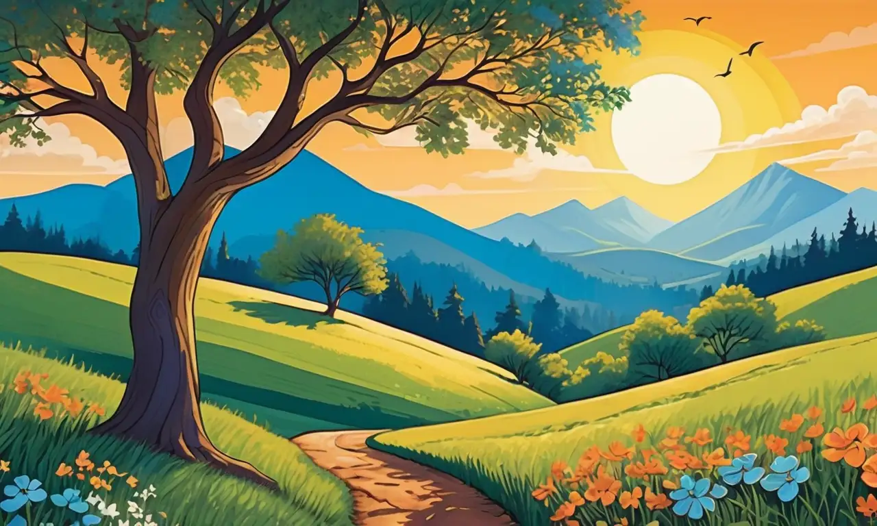 Un paisaje vibrante con sol, nubes suaves, árboles detallados y colores armoniosos