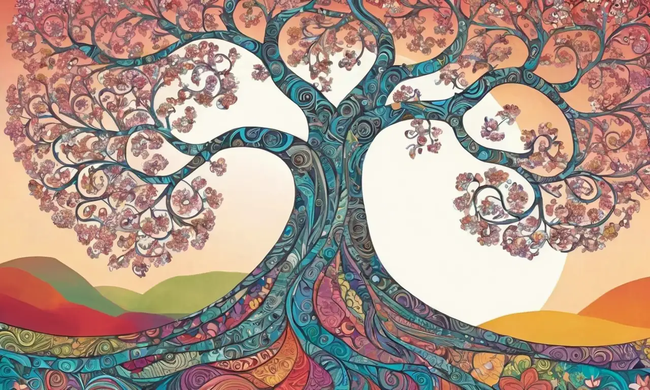 Un árbol intrincado y vibrante evoca vida y conexión a través de su diseño armonioso
