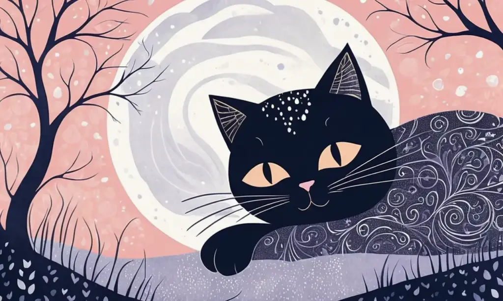 Una escena lunar suave con la silueta de un gato llorando