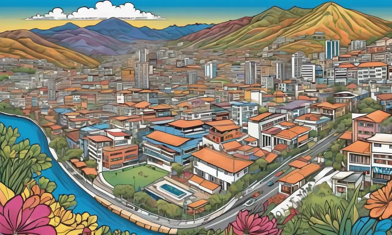 Un mapa vibrante de Medellín con contornos atrevidos y colores cálidos que representan su diversidad cultural y belleza natural
