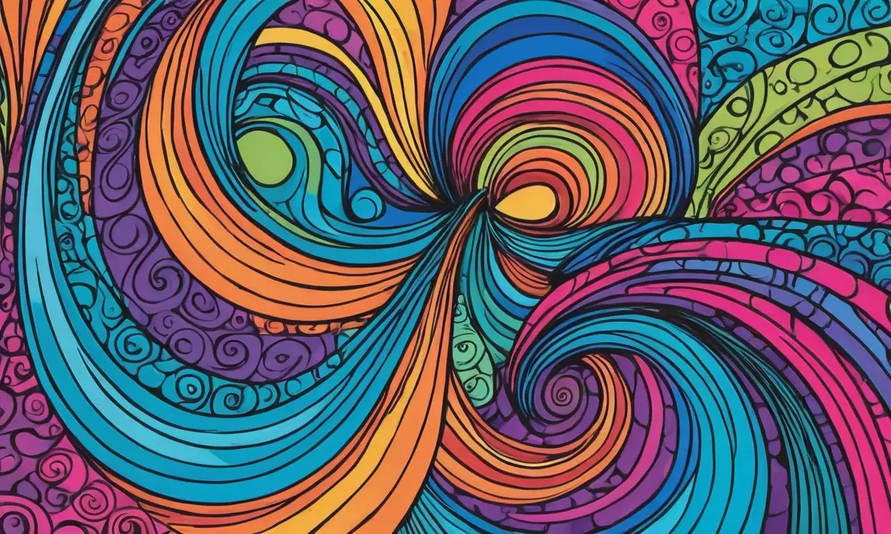 Colores vibrantes y formas dinámicas crean una composición compleja y emocional en el lienzo