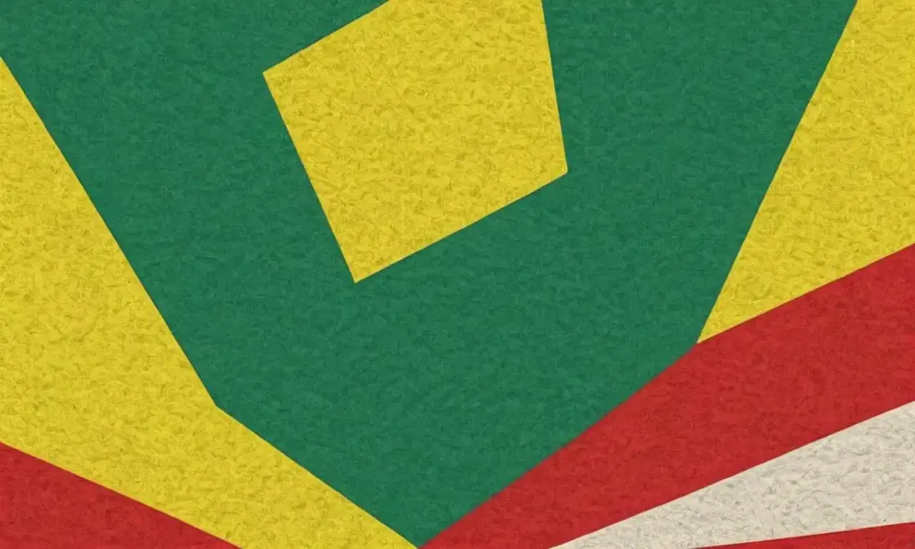 Banderas rojas y amarillas ondean con escudos verdes en una composición dinámica llena de contrastes y texturas