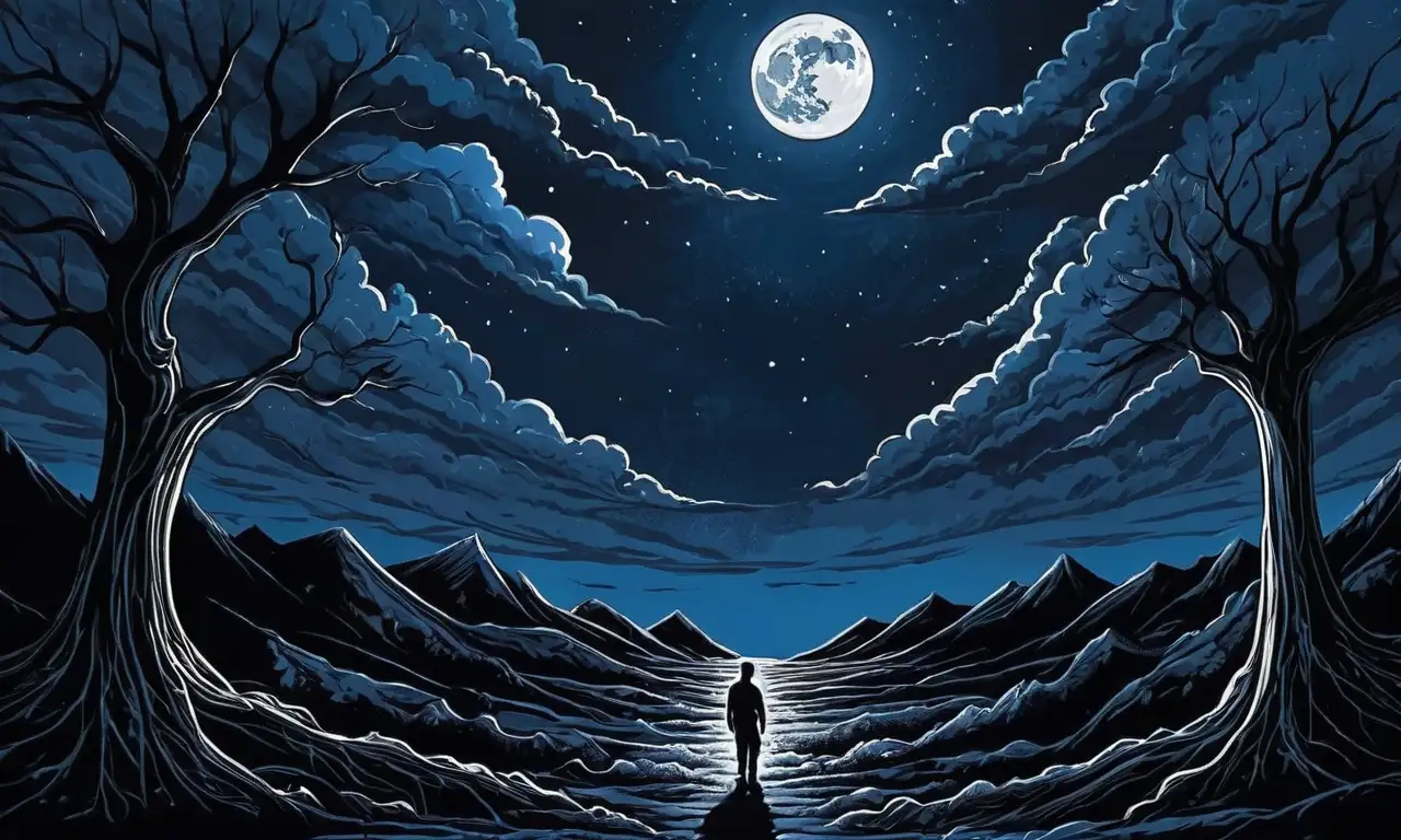 Un paisaje nocturno caótico y contrastante simboliza la lucha entre la esperanza y el miedo