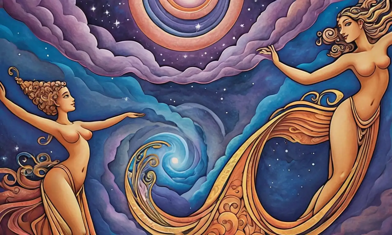 Figuras míticas en poses dinámicas con drapeados fluidos, contraste de texturas y un fondo celestial que evoca una narrativa de transición