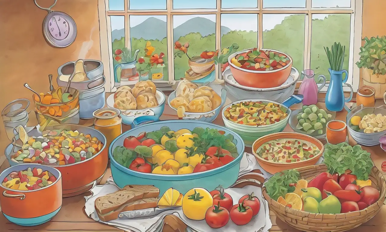 Escena de cocina vibrante con platos caseros y abundancia de ingredientes frescos