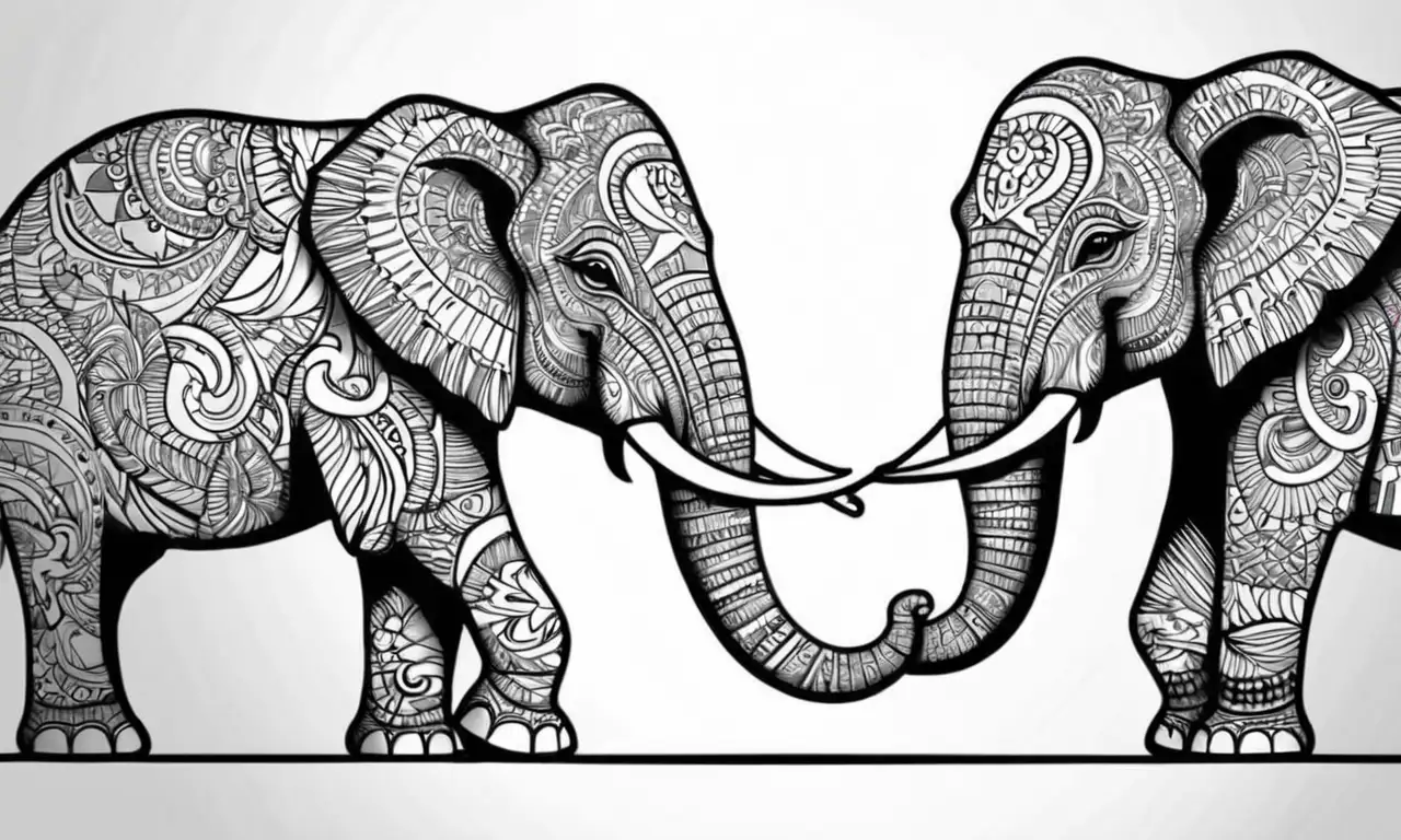 Una elegante representación de un elefante combina siluetas definidas, texturas intrincadas y colores vivos que transmiten poder y sabiduría