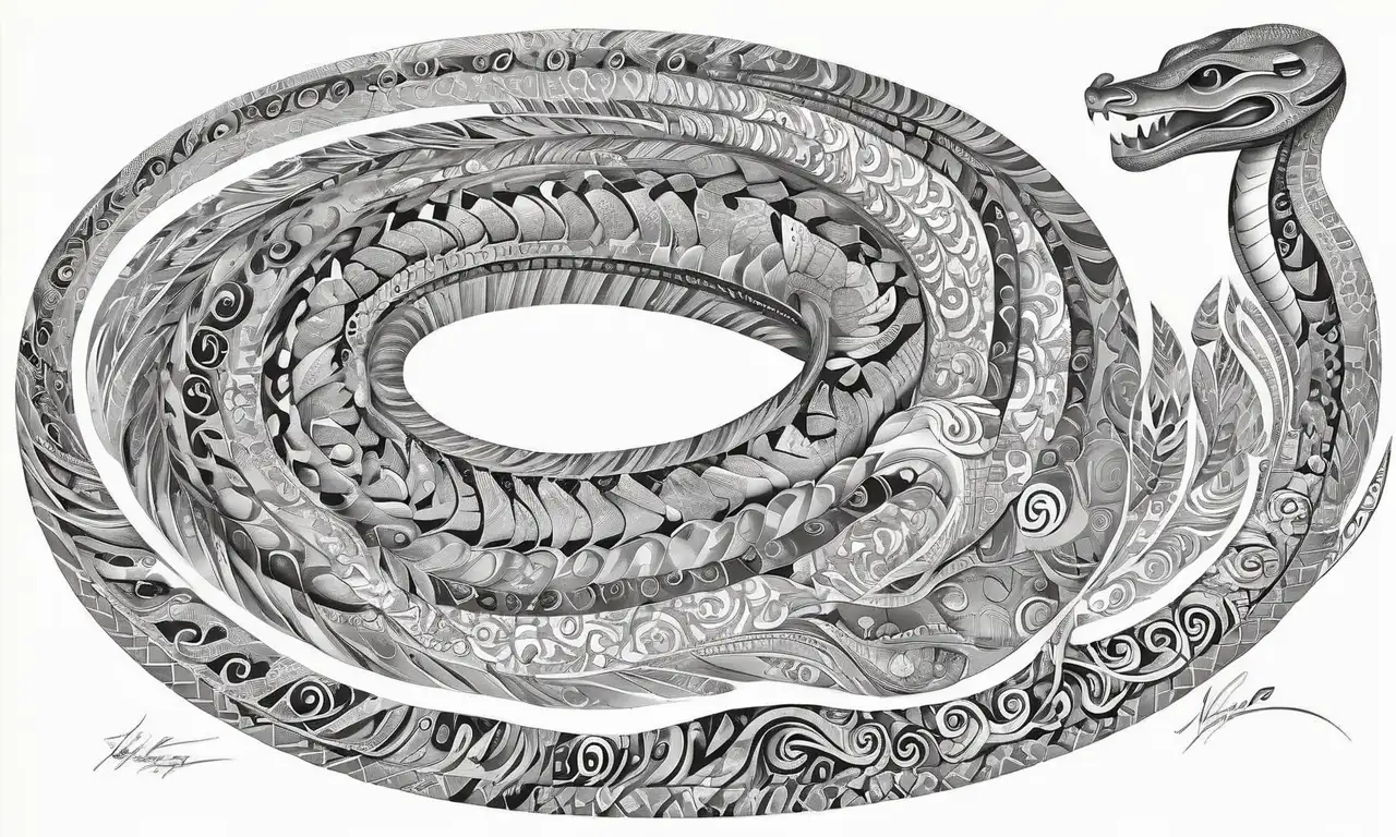 Serpiente en movimiento con escalas intrincadas, sombras profundas y símbolos antiguos que reflejan espiritualidad y sabiduría