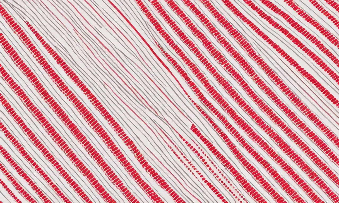 Composición vibrante con rayas rojas y blancas, detalles intrincados y simbolismo rico