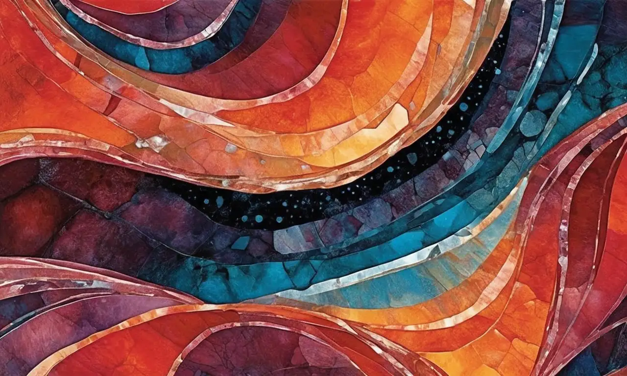 Cristales de cuarzo vibrantes con ángulos agudos, transparencia delicada y colores enérgicos