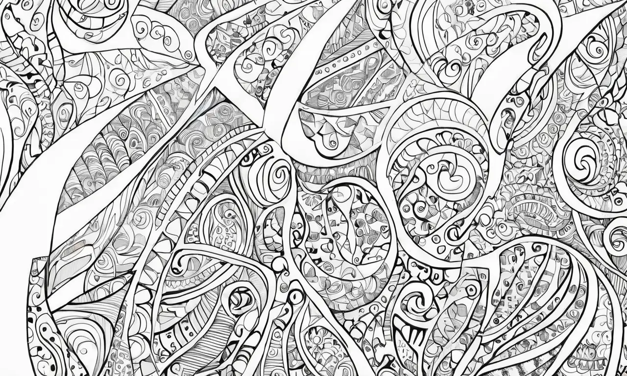 Líneas y sombras crean profundidad y movimiento en una obra visual llena de texturas y colores vibrantes