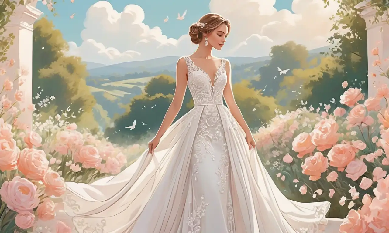 Un fondo soleado con nubes elegantes y una pareja de novios rodeada de flores y verde, transmitiendo alegría y esperanza