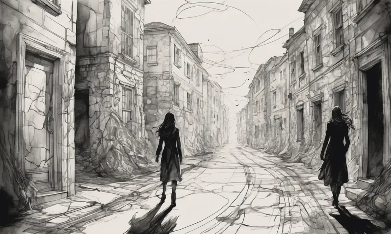 Sombras oscuras y líneas contrastantes crean una escena de angustia y esperanza a través de formas y movimientos complejos