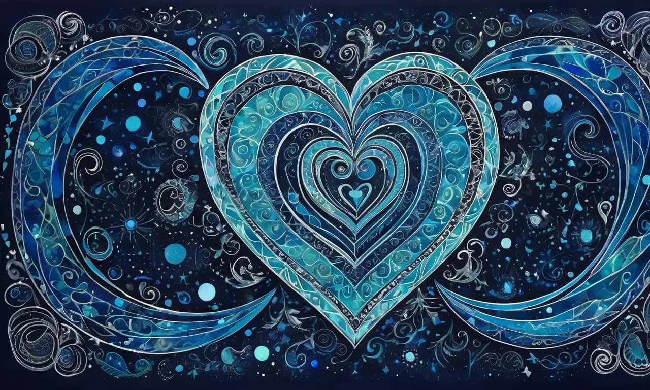Una composición en tonos azules y aquamarina combina figuras entrelazadas con ondas y estrellas, creando una narrativa visual poderosa