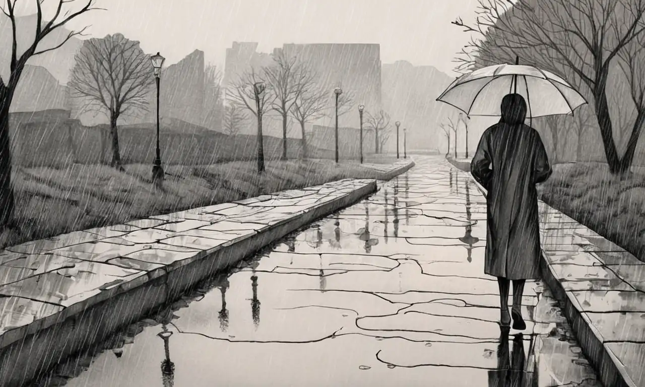 El dibujo evoca melancolía con sombras suaves, lluvia, y texturas contrastantes