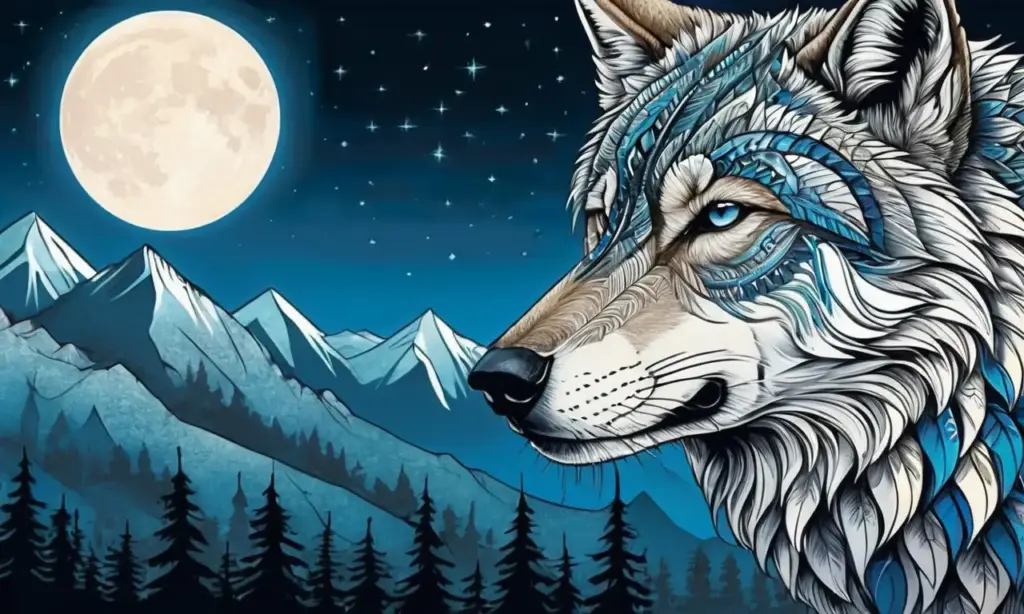 Un lobo majestuoso resplandece con detalles que cuentan una historia frente a una vibrante luna y un paisaje simétrico