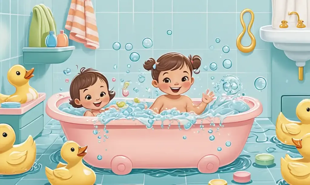 Colores suaves y cálidos con personajes juguetones en una atmósfera acogedora de baño