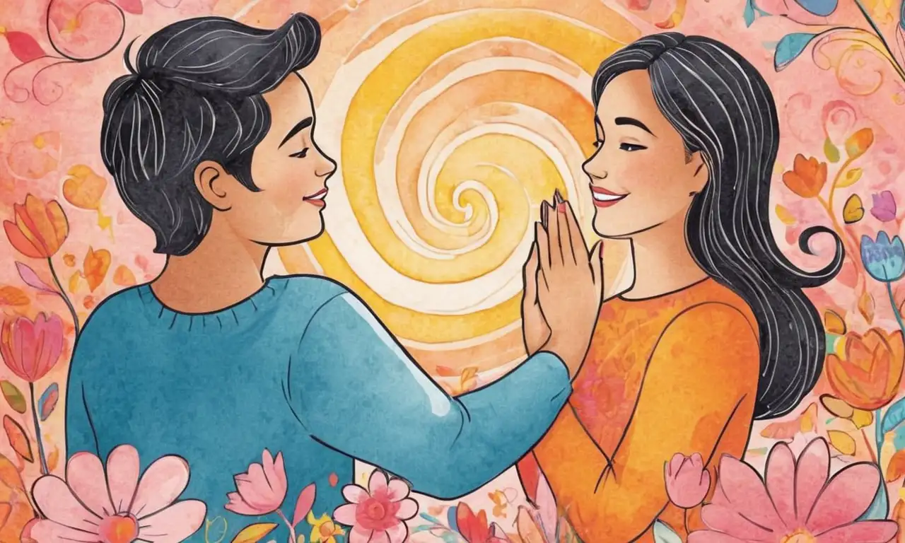La obra evoca amor y conexión a través de suaves trazos, colores vibrantes y detalles delicados